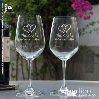 Two Hearts © Anniversary Set Personalized Wine Glasses