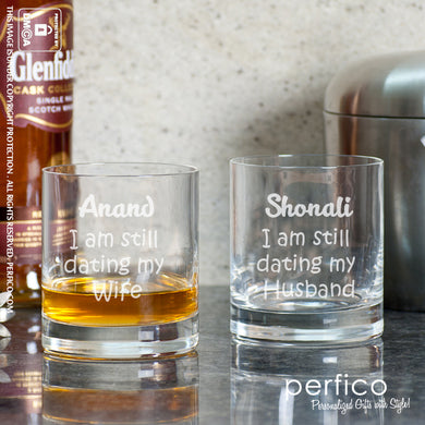 Still Dating © personalized Whisky Glasses for Husband and Wife